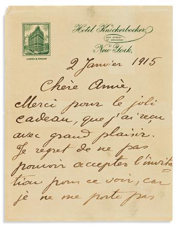 CARUSO, ENRICO. Autograph Letter Signed, Caruso, to Jessie Barskerville (Chèr Amie), in French,
